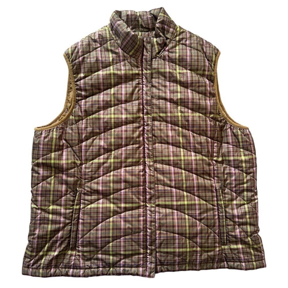 Lands End Womens Diamond Quilted Puffer Vest Size XL 18/20 Brown Plaid Outdoors